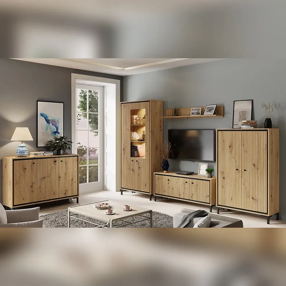 Vaisselier 5 étages En Bois Vitrine Avec Led 89x196 Cm Design Contemporain Bois Naturel