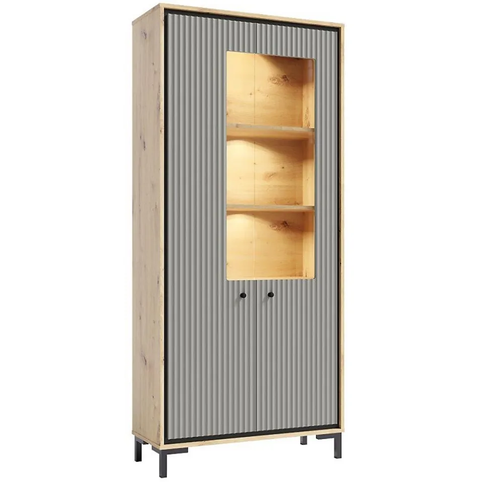Vaisselier 5 étages En Bois Vitrine Avec Led 89x196 Cm Design Contemporain Gris Congo