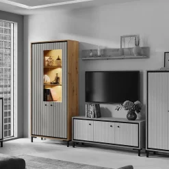 Vaisselier 5 étages En Bois Vitrine Avec Led 89x196 Cm Design Contemporain Gris Congo