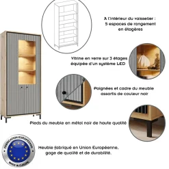 Vaisselier 5 étages En Bois Vitrine Avec Led 89x196 Cm Design Contemporain Gris Congo