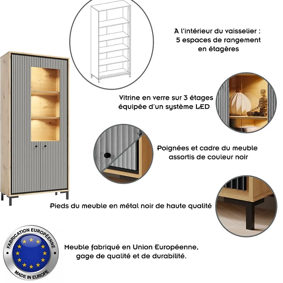 Vaisselier 5 étages En Bois Vitrine Avec Led 89x196 Cm Design Contemporain Gris Congo
