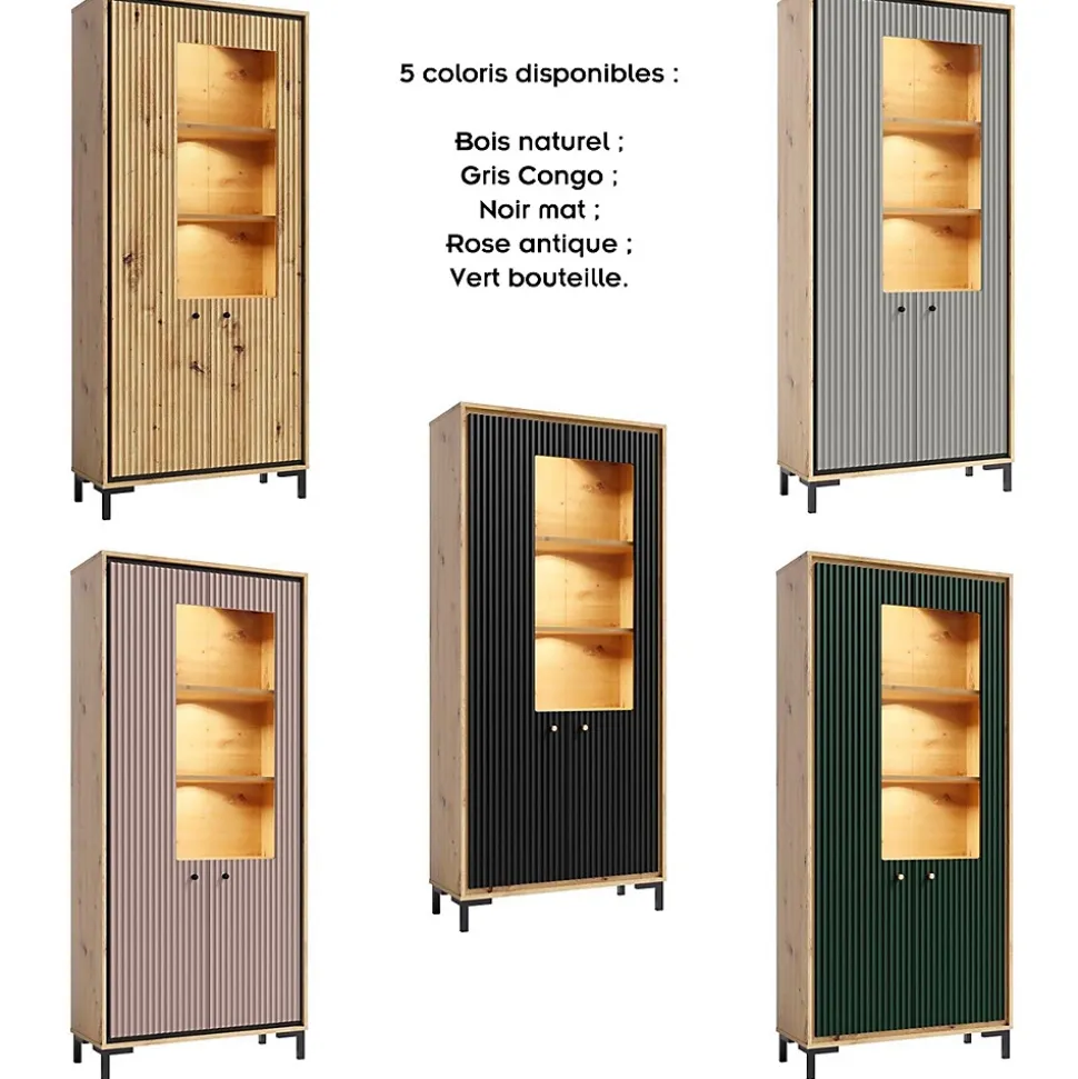 Vaisselier 5 étages En Bois Vitrine Avec Led 89x196 Cm Design Contemporain Gris Congo
