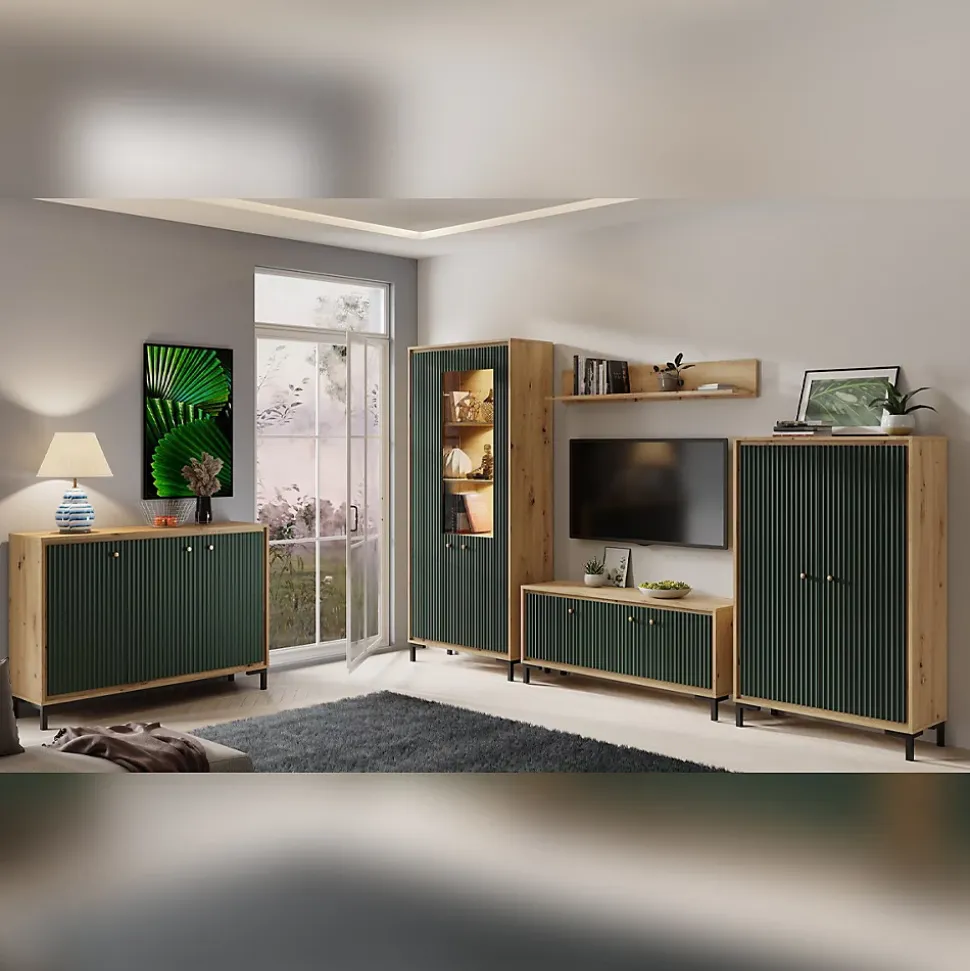 Vaisselier 5 étages En Bois Vitrine Avec Led 89x196 Cm Design Contemporain Vert Bouteille