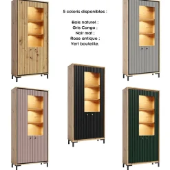 Vaisselier 5 étages En Bois Vitrine Avec Led 89x196 Cm Design Contemporain Vert Bouteille