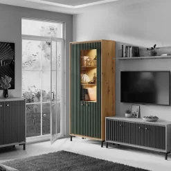 Vaisselier 5 étages En Bois Vitrine Avec Led 89x196 Cm Design Contemporain Vert Bouteille