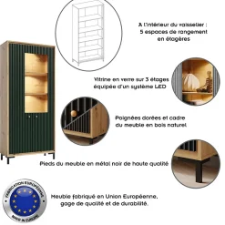 Vaisselier 5 étages En Bois Vitrine Avec Led 89x196 Cm Design Contemporain Vert Bouteille