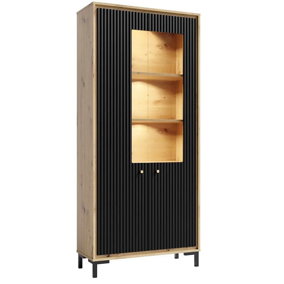 Vaisselier 5 étages En Bois Vitrine Avec Led 89x196 Cm Design Contemporain Noir Mat