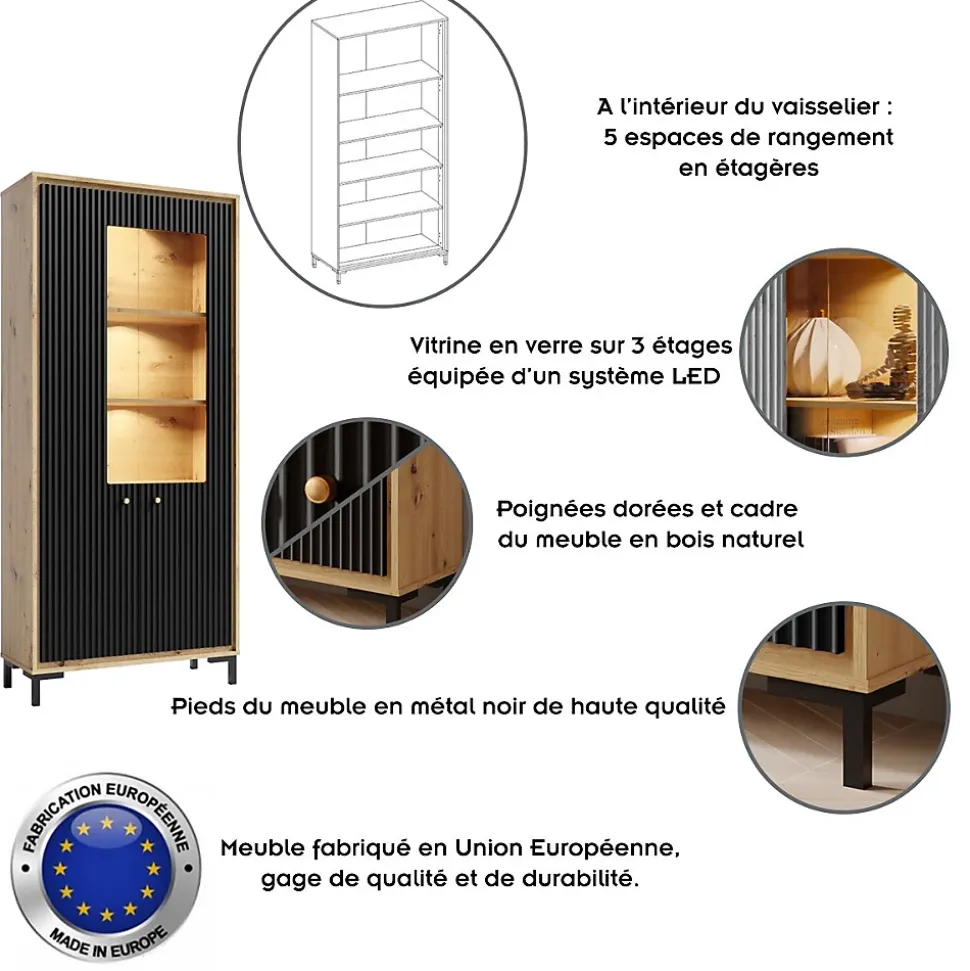Vaisselier 5 étages En Bois Vitrine Avec Led 89x196 Cm Design Contemporain Noir Mat