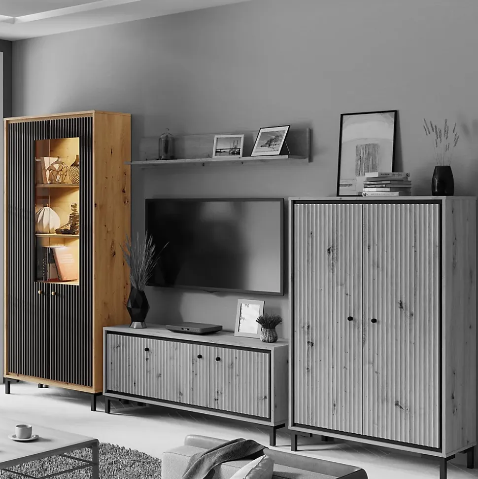 Vaisselier 5 étages En Bois Vitrine Avec Led 89x196 Cm Design Contemporain Noir Mat