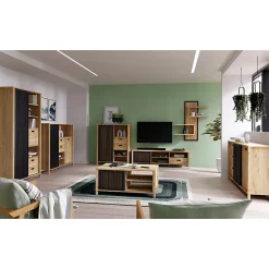 Vaisselier décor chêne avec porte coulissante ajourée noire - SELENA