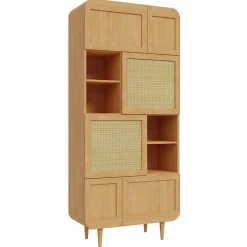 Vaisselier H. 212 cm décor chêne cannage rotin pieds en bois - VIVIAN