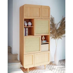 Vaisselier H. 212 cm décor chêne cannage rotin pieds en bois - VIVIAN