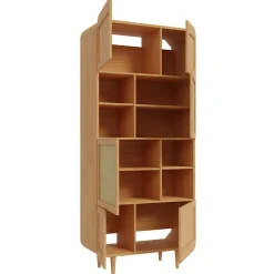 Vaisselier H. 212 cm décor chêne cannage rotin pieds en bois - VIVIAN