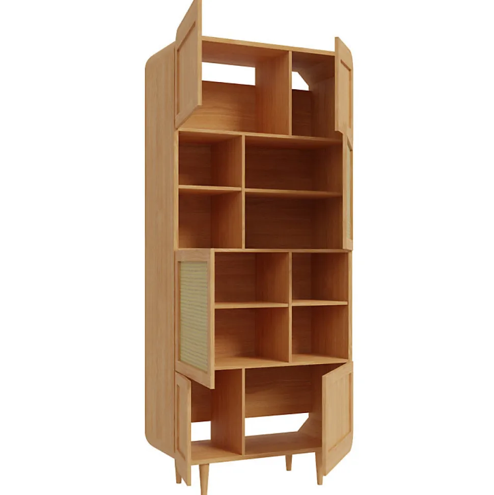 Vaisselier H. 212 cm décor chêne cannage rotin pieds en bois - VIVIAN