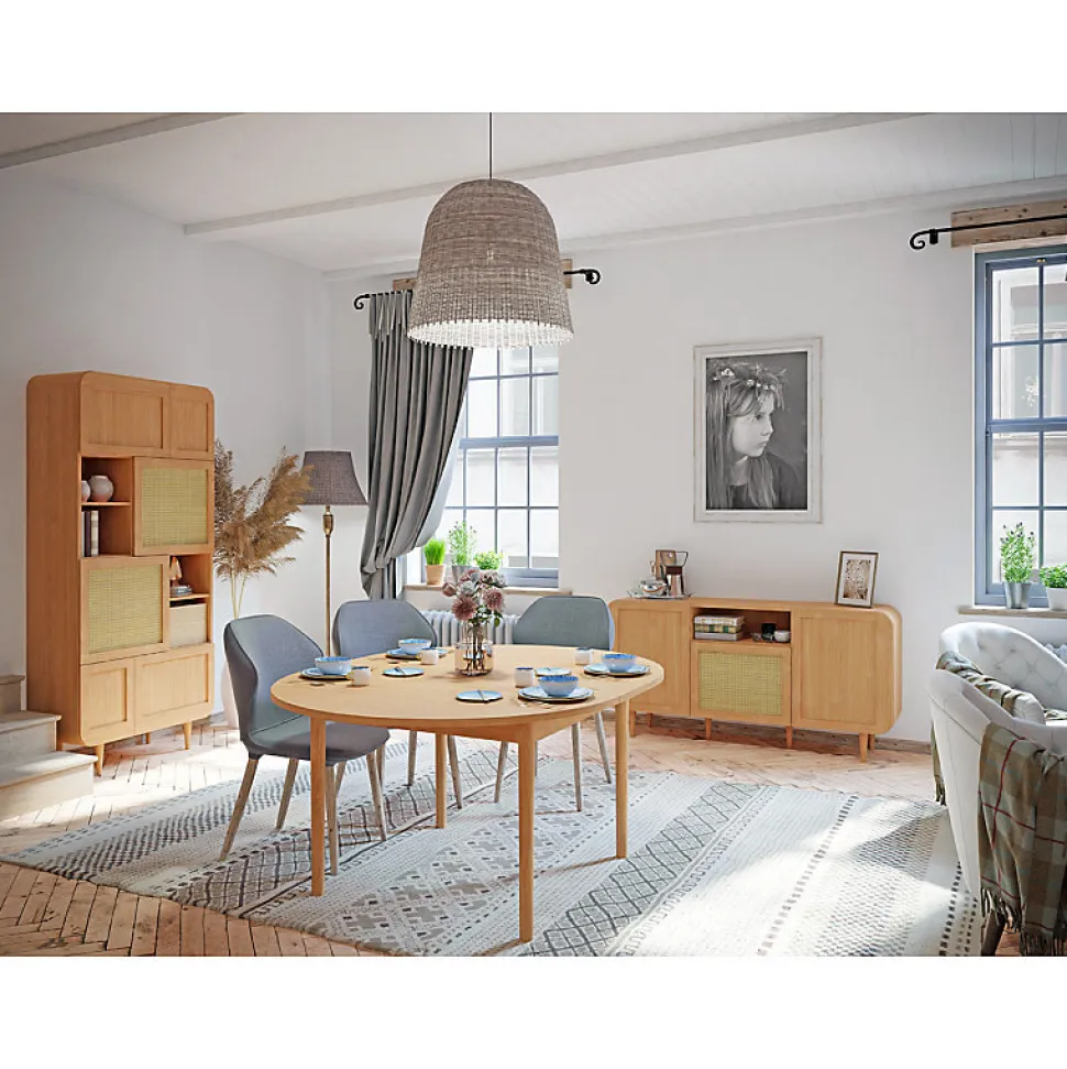 Vaisselier H. 212 cm décor chêne cannage rotin pieds en bois - VIVIAN