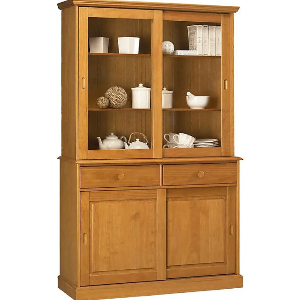 Vaisselier Pin Miel 4 Portes Coulissantes 2 Tiroirs L 121 H 198.8 P 42.3 cm - L 121 x l 42.3 x H 198.8 cm