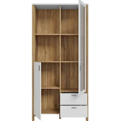 Vaisselier vitré H. 200 cm avec décor gris clair et chêne - DEVONNE