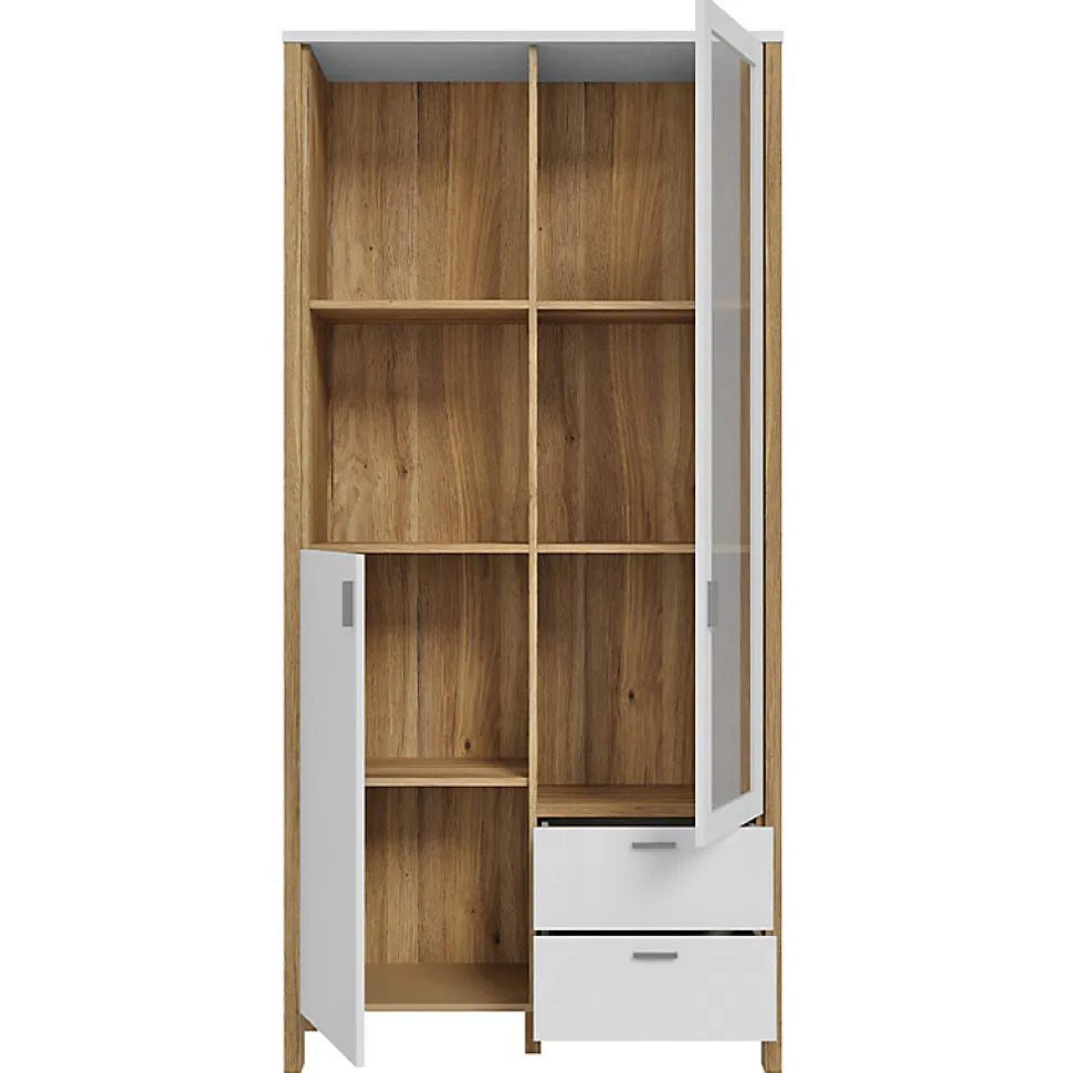 Vaisselier vitré H. 200 cm avec décor gris clair et chêne - DEVONNE
