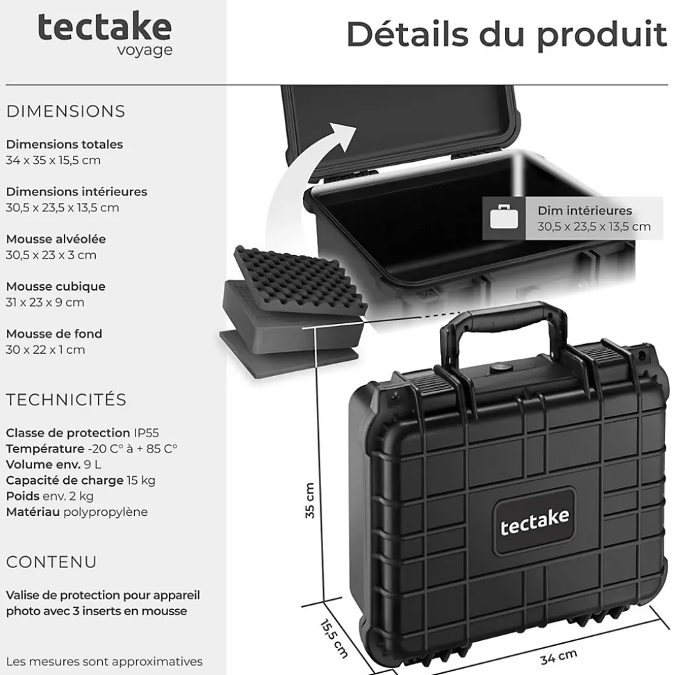 Valise Etanche pour Appareil Photo en coque dure robuste légère noir