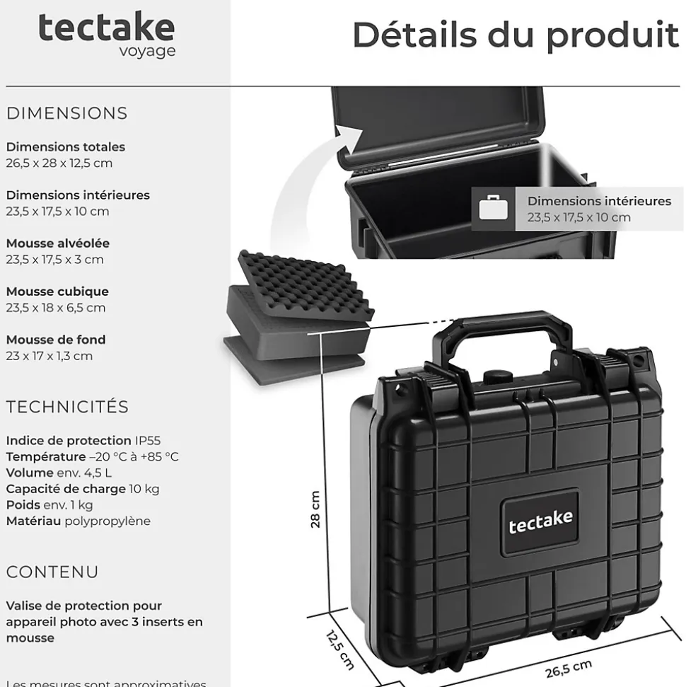 Valise Etanche pour Appareil Photo en coque dure robuste légère noir