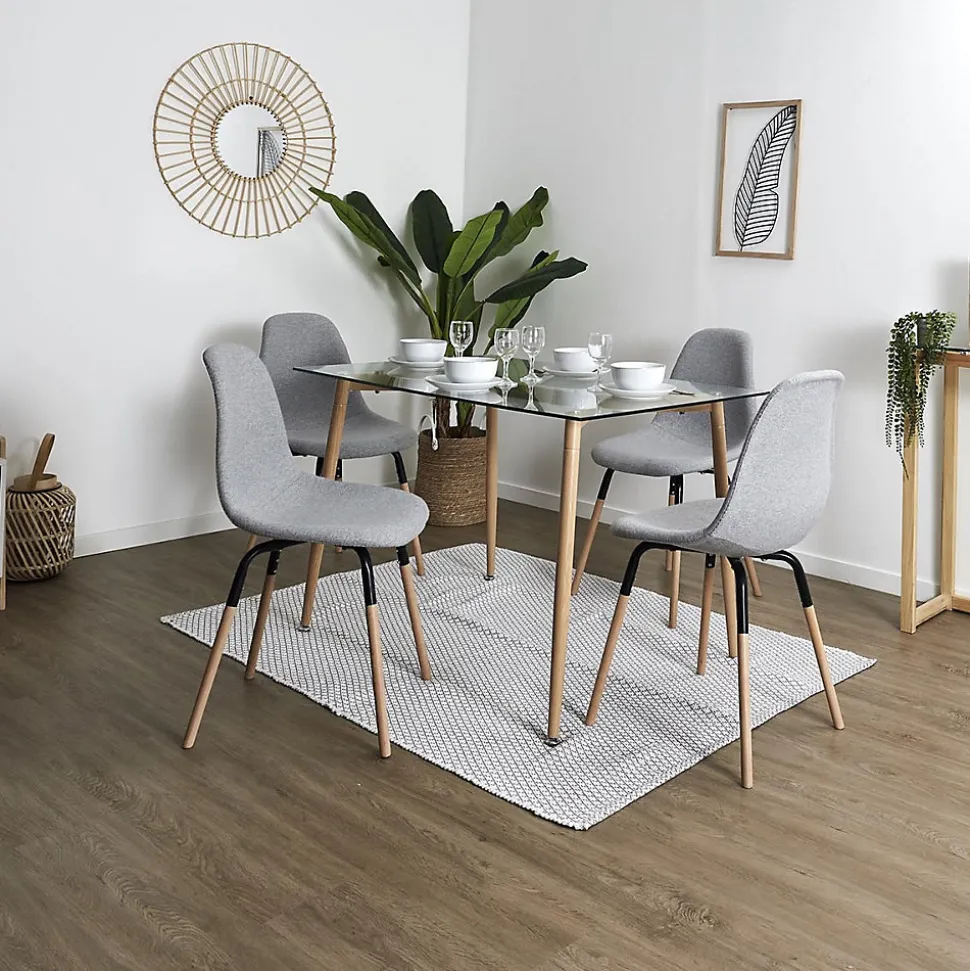 VERANA - Pack Table en Verre + 4 Chaises Gris Chiné Clair