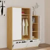 Vestiaire avec 3 portes, 1 penderie et 2 compartiments chaussures - Blanc et naturel - NYVELA