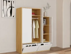 Vestiaire avec 3 portes, 1 penderie et 2 compartiments chaussures - Blanc et naturel - NYVELA