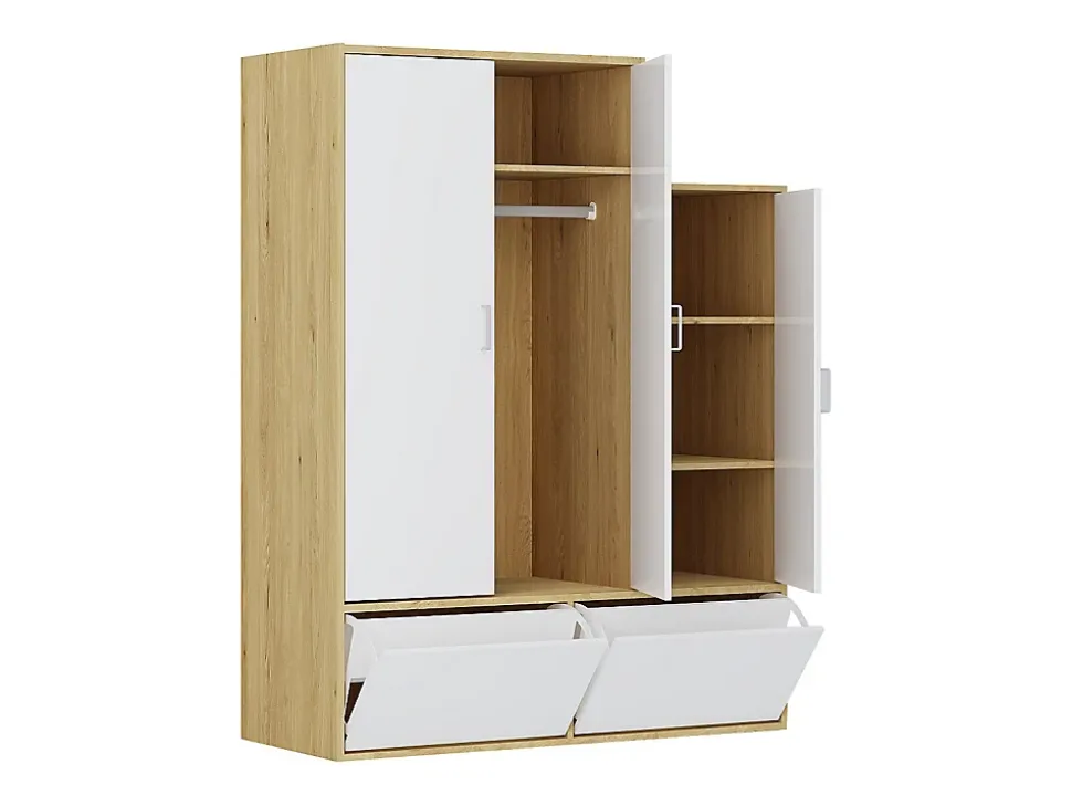Vestiaire avec 3 portes, 1 penderie et 2 compartiments chaussures - Blanc et naturel - NYVELA