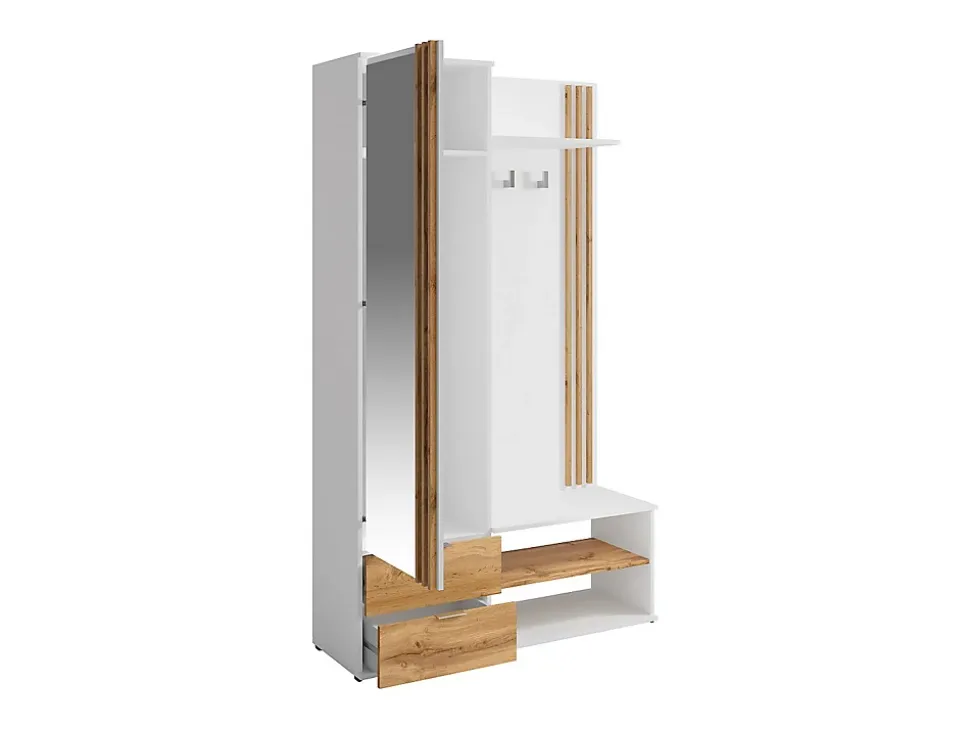 Vestiaire avec miroir et rangements - Blanc et Naturel - JANAKIA