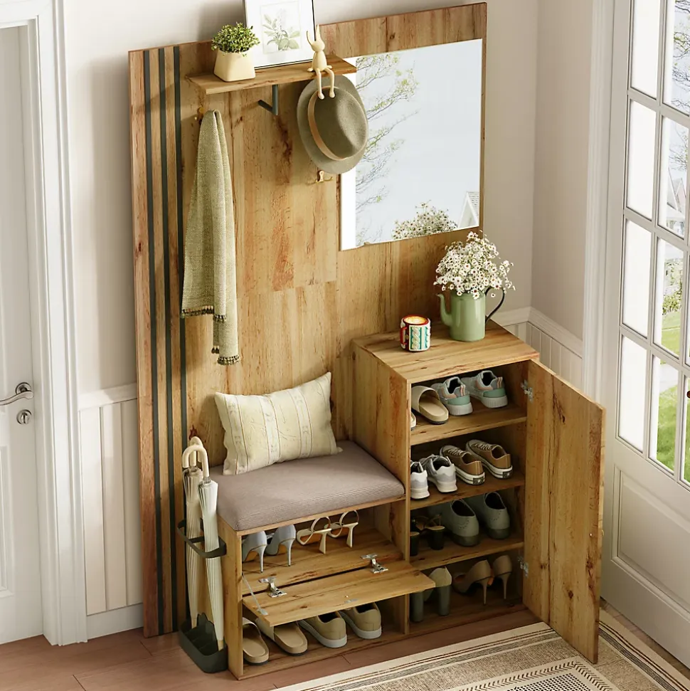Vestiaire De Rangement Avec Miroir Et Moulures Noires ,Mettre dans vestiaires, 115x185x37 Cm,bois