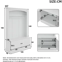 Vestiaire d'entrée - Banc et Portemanteau avec Étagères Réglables et Meuble à Chaussures, Blanc, 120x40x190 cm