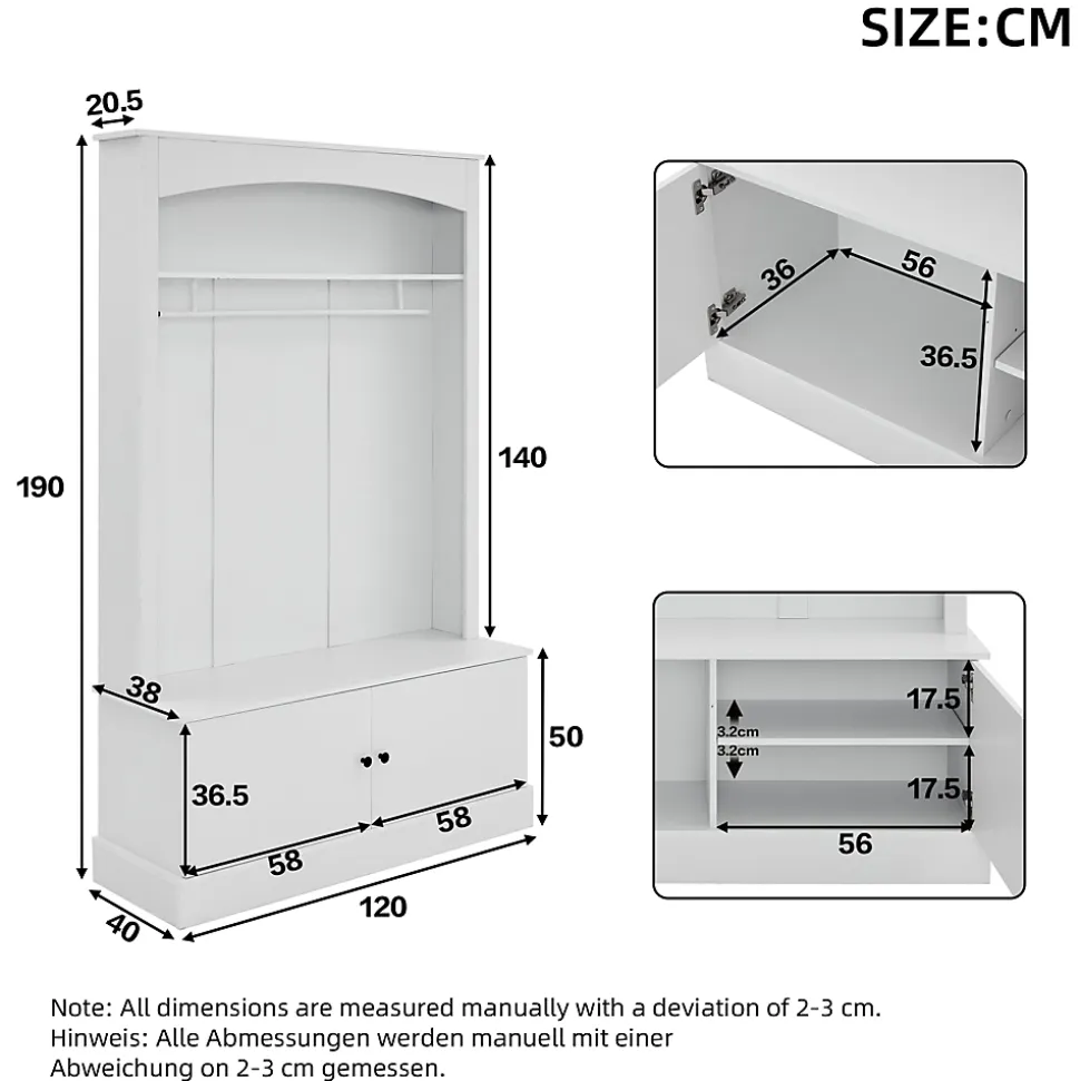 Vestiaire d'entrée - Banc et Portemanteau avec Étagères Réglables et Meuble à Chaussures, Blanc, 120x40x190 cm