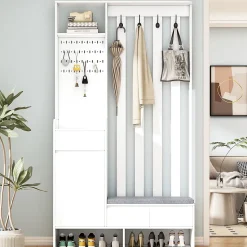Vestiaire d'Entrée - Banc Rembourré, 4 Crochets Et Rangement Chaussures, Panneau Mural, Design Moderne, Blanc, H180/B100/T35 cm