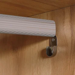 Vestiaire d'entrée - barre de penderie, 3 niches, 3 tiroirs tissu, rideau - panneaux aspect chêne clair polyester gris lin beige