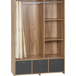 Vestiaire d'entrée - barre de penderie, 3 niches, 3 tiroirs tissu, rideau - panneaux aspect chêne clair polyester gris lin beige