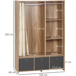 Vestiaire d'entrée - barre de penderie, 3 niches, 3 tiroirs tissu, rideau - panneaux aspect chêne clair polyester gris lin beige