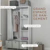 Vestiaire d'entrée - barre de penderie, 3 niches, 3 tiroirs tissu, rideau - panneaux blanc polyester lin gris clair