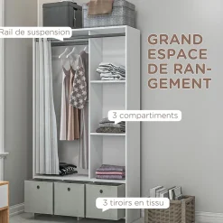 Vestiaire d'entrée - barre de penderie, 3 niches, 3 tiroirs tissu, rideau - panneaux blanc polyester lin gris clair