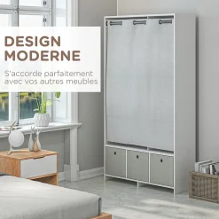 Vestiaire d'entrée - barre de penderie, 3 niches, 3 tiroirs tissu, rideau - panneaux blanc polyester lin gris clair