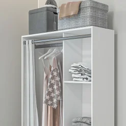 Vestiaire d'entrée - barre de penderie, 3 niches, 3 tiroirs tissu, rideau - panneaux blanc polyester lin gris clair