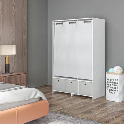 Vestiaire d'entrée - barre de penderie, 3 niches, 3 tiroirs tissu, rideau - panneaux blanc polyester lin gris clair