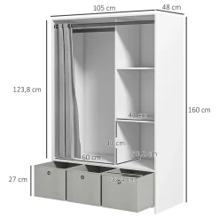 Vestiaire d'entrée - barre de penderie, 3 niches, 3 tiroirs tissu, rideau - panneaux blanc polyester lin gris clair