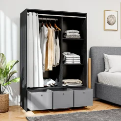Vestiaire d'entrée - barre de penderie, 3 niches, 3 tiroirs tissu, rideau - panneaux noir polyester lin gris clair