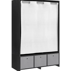 Vestiaire d'entrée - barre de penderie, 3 niches, 3 tiroirs tissu, rideau - panneaux noir polyester lin gris clair