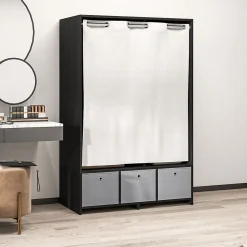 Vestiaire d'entrée - barre de penderie, 3 niches, 3 tiroirs tissu, rideau - panneaux noir polyester lin gris clair