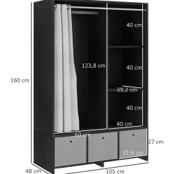 Vestiaire d'entrée - barre de penderie, 3 niches, 3 tiroirs tissu, rideau - panneaux noir polyester lin gris clair
