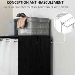 Vestiaire d'entrée - barre de penderie, 3 niches, 3 tiroirs tissu, rideau - panneaux noir polyester lin gris clair