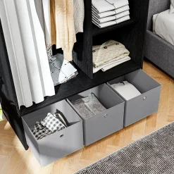 Vestiaire d'entrée - barre de penderie, 3 niches, 3 tiroirs tissu, rideau - panneaux noir polyester lin gris clair
