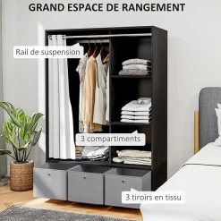 Vestiaire d'entrée - barre de penderie, 3 niches, 3 tiroirs tissu, rideau - panneaux noir polyester lin gris clair