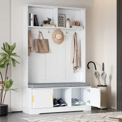 Vestiaire d'Entrée - Meuble d'Entrée avec Banc Assise et Patères, Rangement Pratique, Bois MDF Blanc 120x40x191 cm